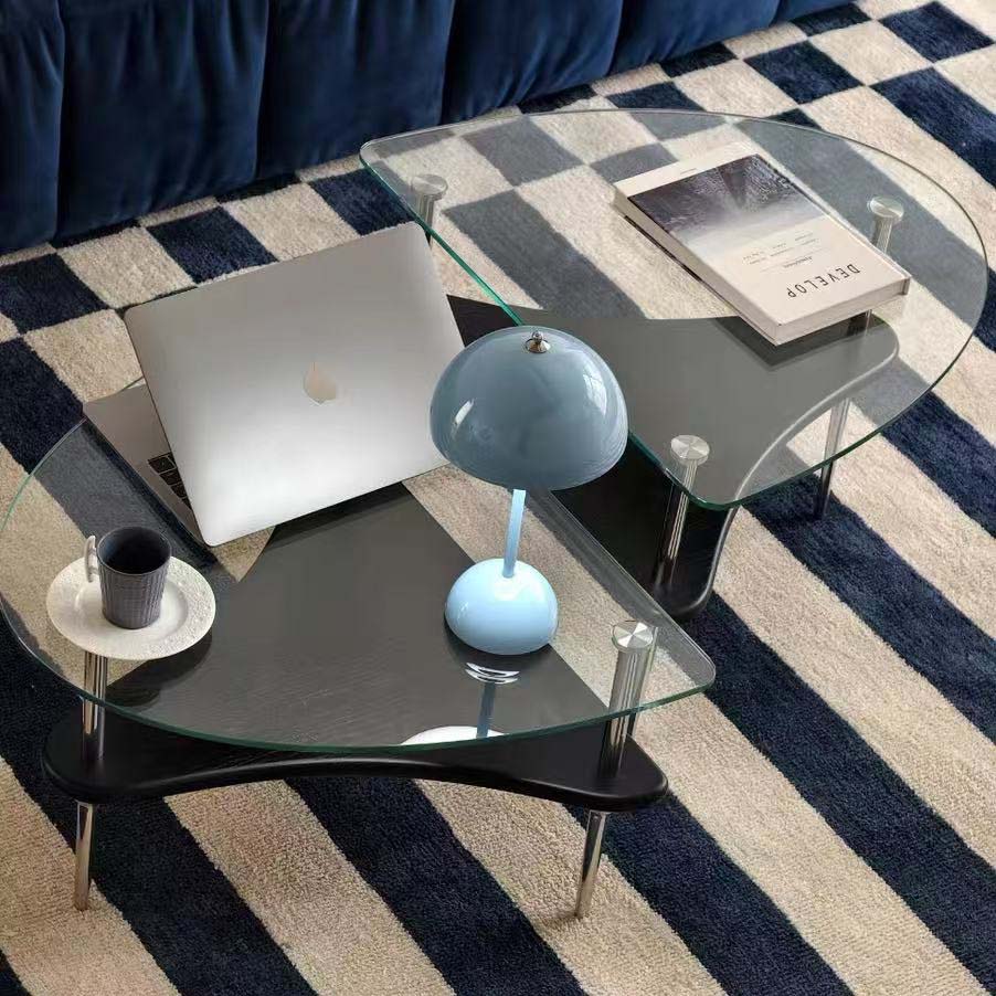 不鏽鋼實木玻璃茶几