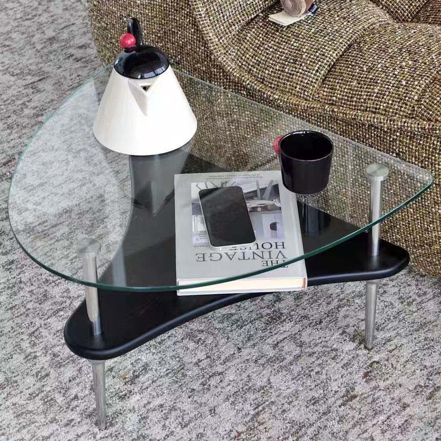 不鏽鋼實木玻璃茶几