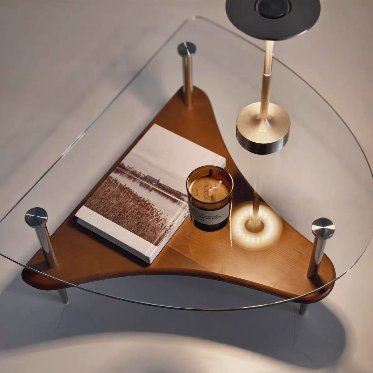 不鏽鋼實木玻璃茶几