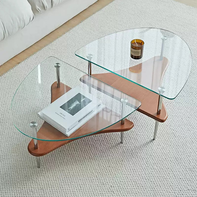 不鏽鋼實木玻璃茶几