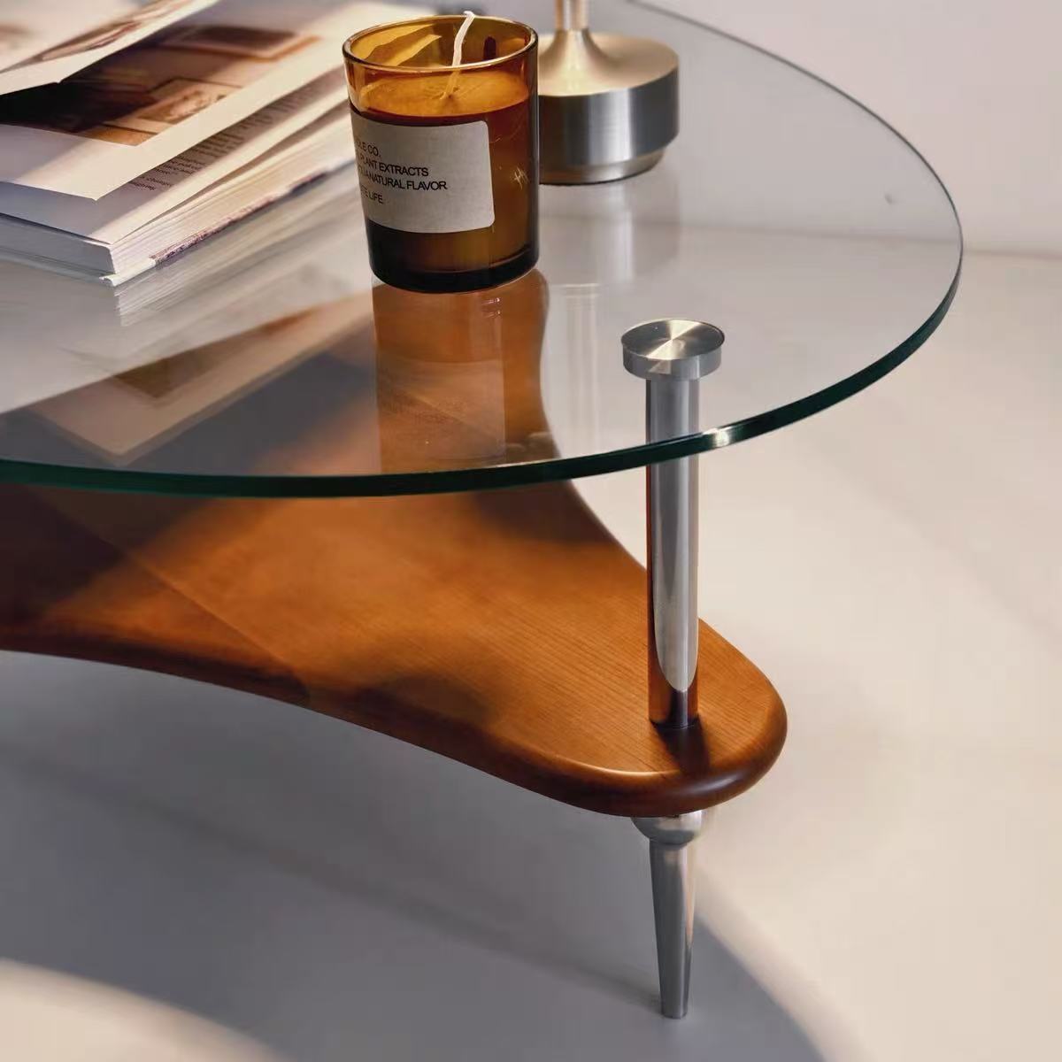 不鏽鋼實木玻璃茶几