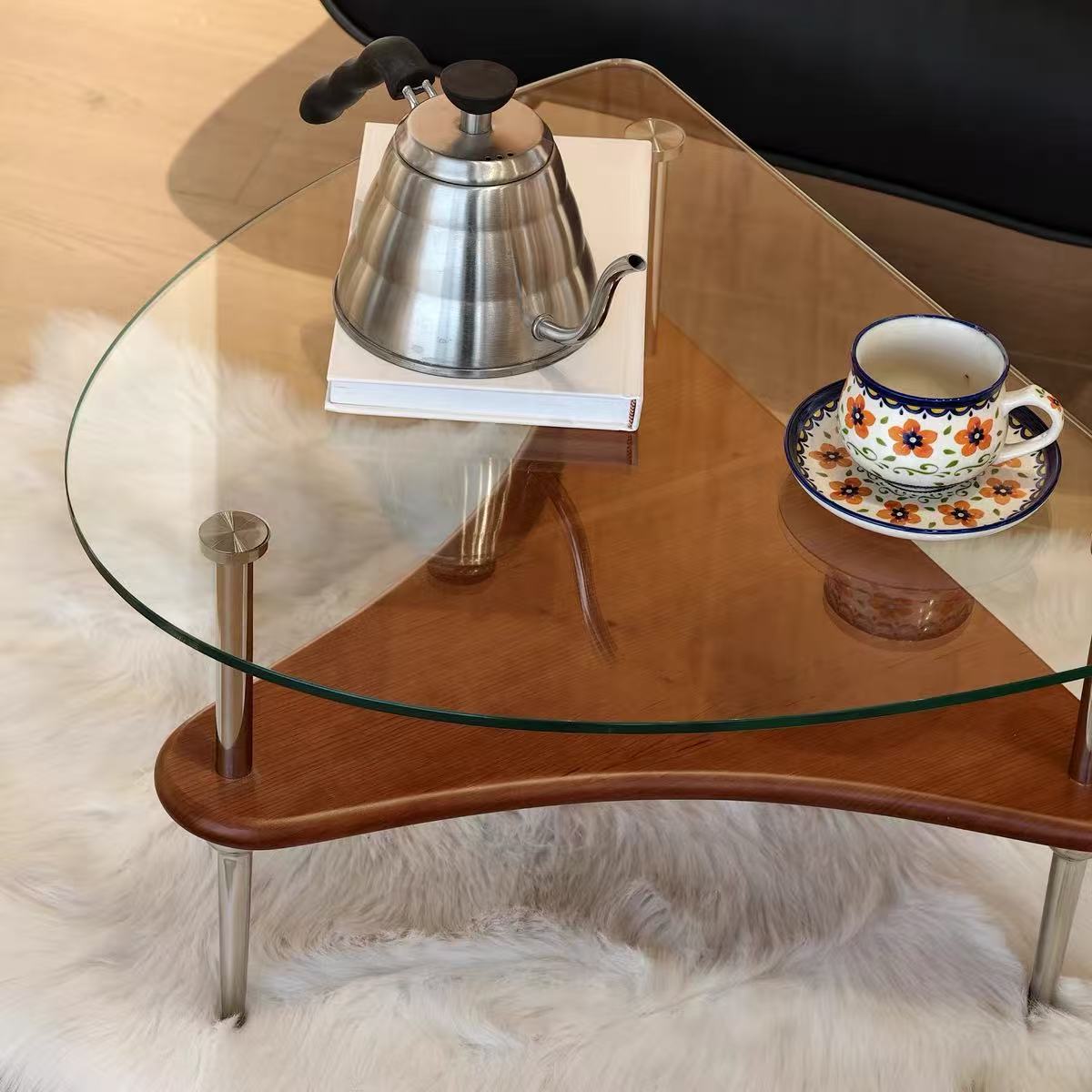 不鏽鋼實木玻璃茶几